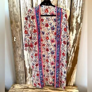 Loft Women's  XS/ S Cream Blue Floral Kimono Wrap Duster Top Oversized